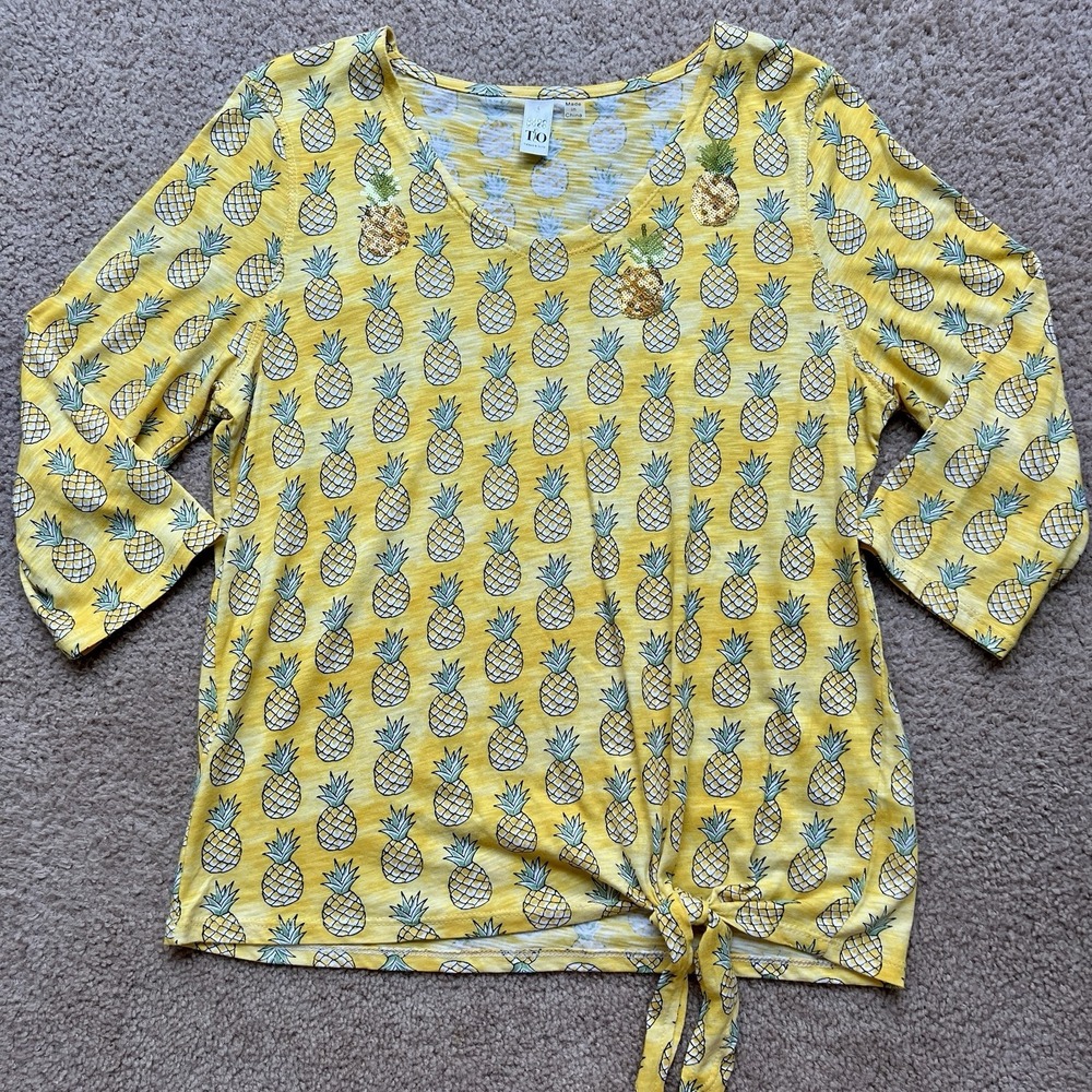 THOMAS‎ & Olivia  Yellow Pineapple Print Embroidered Blouse w Waist Knot Size L